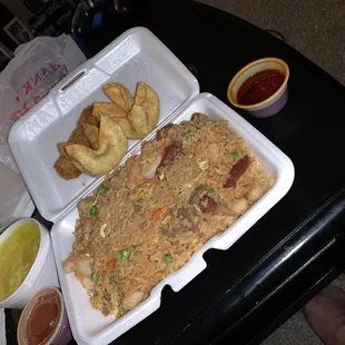 Family sized Buddha Fried rice w/ egg drop soup crab Rangoon and egg roll