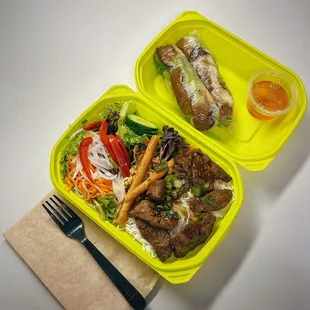 Plant-Based Bulgogi Noddle Bowl and Spring Rolls