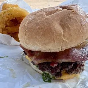 Big Buddah with bacon and fried jalapeños. Crispy, crunchy onion rings