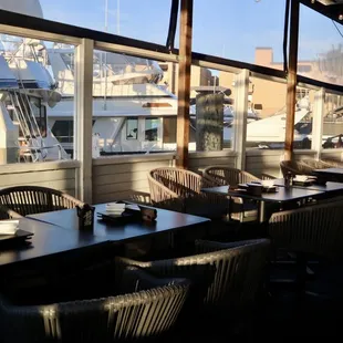 Patio seating overlooking the boats