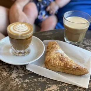 Iced cortado, hot cortado and guava &amp; cheese pastry.