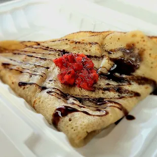 Generations old family crepe recipe. Traditional (butter and sugar), cinnamon sugar, fresh cut Strawberries, chocolate, honey, lemon butter