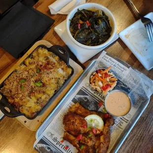 Vegan Mac, collards, catfish bites.
