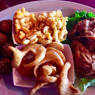 Pulled pork platter. 2 sides: fries + mac and cheese. Also comes with hush puppies.
