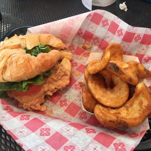 bbq chicken salad croissant with fries