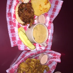 Poblano cheddar soup and pulled pork sandwich, a little slaw &amp; pickle! Deep Fried banana peppers with a unique dipping sauce !
