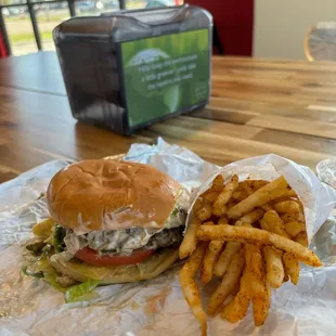 Seasoned fries and #4 (Spicy Double)