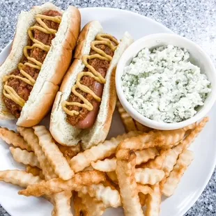 two hotdogs and fries