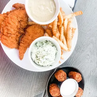 a plate of fried fish and chips