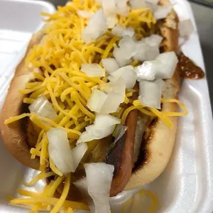 Hotdog with chili, cheese &amp; raw onions.
