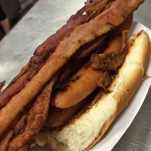 Hot dog on a toasted bun with bacon, plain.