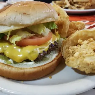 1/3 lbs cheeseburger and onion rings