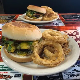 No that is not a reflection in a mirror! Two perfect cheeseburgers with hand made onion rings!!!!!!!