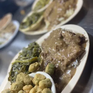Country Style Steak with fried okra and collard greens