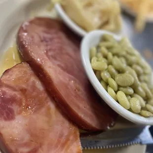 Honey Glazed Ham with Lima beans and cabbage