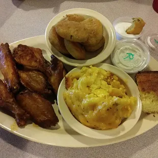 Wings lunch with 2 sides...fried pickles &amp; cornbread too!