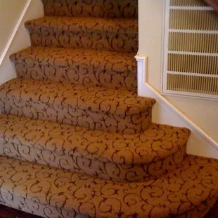 a carpeted stair and a door