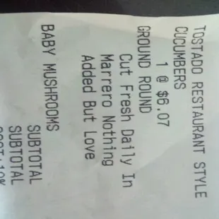 a receipt for a restaurant