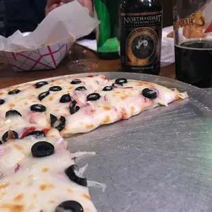 Onion and Black Olive Pizza Old Rasputin Russian Imperial Stout