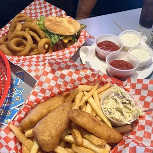 Bacon cheeseburger &amp; cod and chips