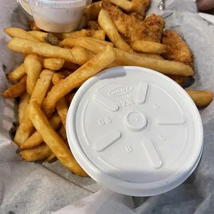 Fried fish fingers and fries, both very good.