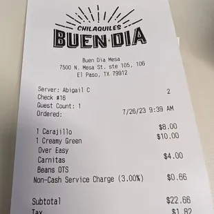 a receipt for a restaurant
