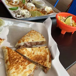 Quesadilla, taco plate and corn cup