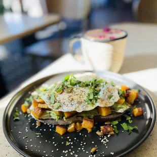 Avocado Toast with Fried Egg and Rose Latte