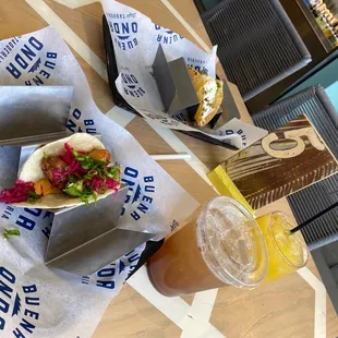 Fish taco, Red Chile Short Rib Taco, mango margarita and tamarind drink!