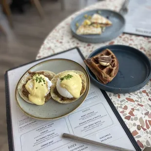 Eggs Benedict and Nutella and banana waffle