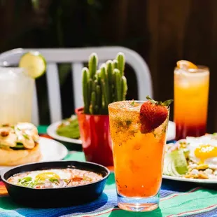 a table of food and drinks