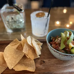 Happy hour ceviche bowl and house margarita