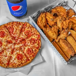 a pizza and chicken wings