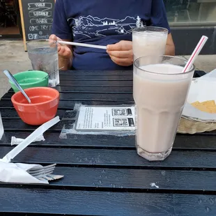 Horchata with complimentary chips and salsa