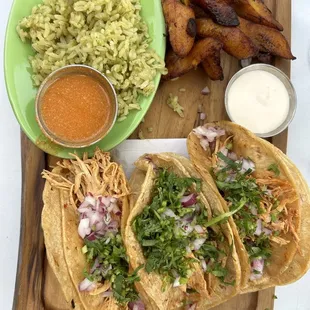 Chicken tinga tacos with cilantro rice and plantains