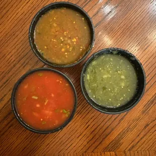Salsa trio with house salsa, verde salsa, and picosa.
