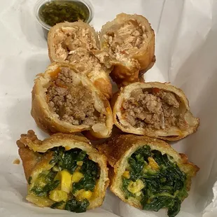 07.25.23 (T-B) Tangy vinegary &amp; oil herb dip sauce (Yum!), chicken, beef, &amp; veggie empanadas