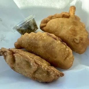 07.25.23 Empanadas!!! (L-R) Veggie, beef, &amp; chicken. Yummy sauce too!
