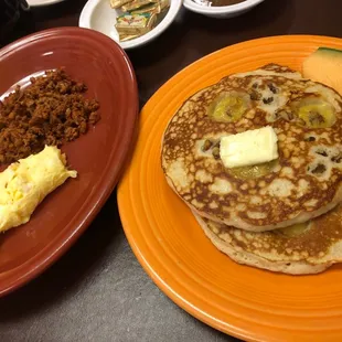 Banana Walnut pancakes with chorizo &amp; eggs