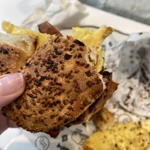 Everything bagel with egg, cheese, &amp; bacon