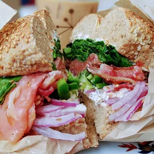 Shiska (salmon, sweet cream cheese, bacon. I added spinach, red onions, fresh jalapeños. And that's a red-eye coffee in the back.