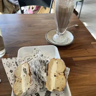 Garlic bagel with plain cream cheese