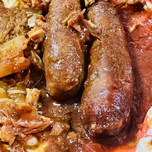 Sausages-cooked way too long or not enough? Hard to tell.