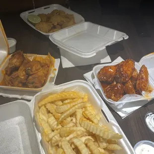 Honey hot, Catfish Nuggets, Korean glaze and French Fries