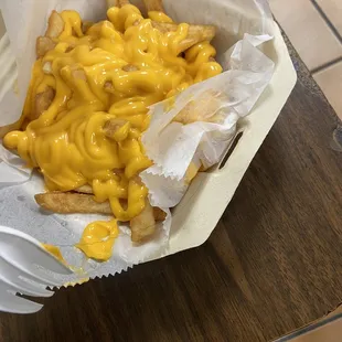 Fries were cold hard and stale the cheese wasn't even warm n I had hair in it