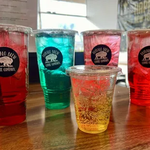 Left to right: Prickly Pink, Sour Gummy with no candy, Watermelon Sugar x2 and a kids Pineapple Mango Italian Soda