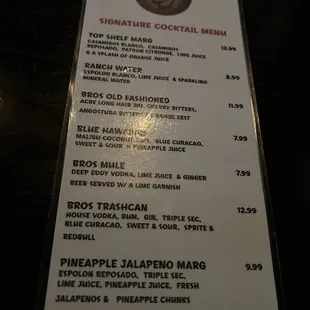 Drink/cocktail Menu