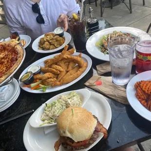 Blt burger, cheese pizza, fried pickles, chicken tenders, Caesar Salad