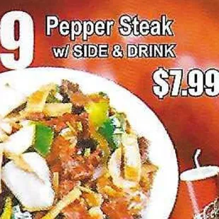 pepper steak with side and drink