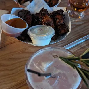 a table of food and drinks